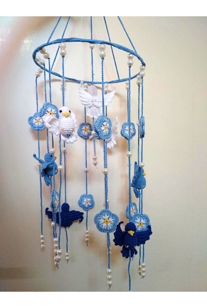 Happy Threads Birds & Floral Design Crochet Wind Chimes for Home (Blue)